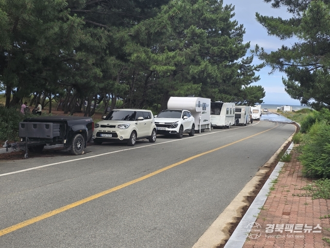 칠포해변 도로변 캠핑카와 카라반의 장기 무단 주차(사진=남유신 기자)