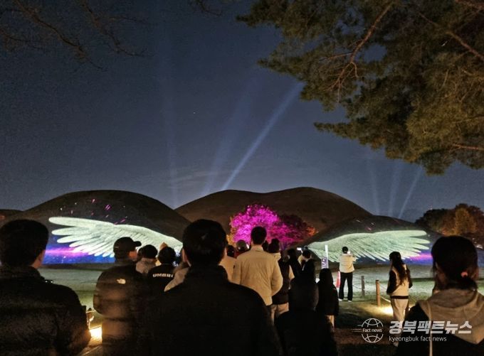 대릉원 일원에서 열린 ‘2025 국가유산 미디어아트 경주 대릉원’ 행사에서 관람객들이 고분에 투사된 미디어아트 영상을 감상하고 있다.