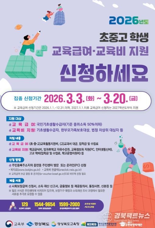 초‧중‧고 학생 교육급여․교육비 집중 신청 기간 운영